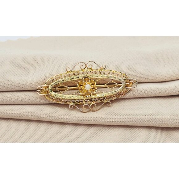 Beautiful Vintage 10K Karat Solid Yellow Gold Designer Round Pearl Brooch Pin